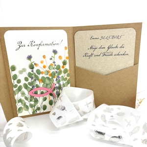 Personalisierte Konfirmationskarte mit Fisch & Blumen | Geldfach | Glückwunschkarte Mädchen Junge | Handgemachtes Geldgeschenk Konfirmation