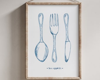 Cutlery poster "bon appétit" | Cottagecore decor |kitchen poster |kitchen picture |cutlery drawing | Vintage Posters | Kitchen decoration Din A4