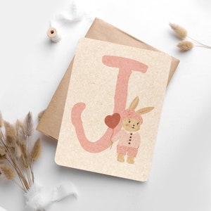 Carte lettre A6 "Lapin Rose" | Cadeau de naissance | Carte ABC | Bébé | Cadeau fille | de carte de naissance Carte personnalisée