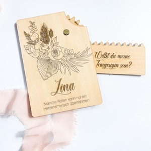 Carte en bois personnalisée, demoiselle d'honneur, témoin, demande • Gravure • Avec équipement et question secrète • DIN A6 • Veux-tu être ma demoiselle d'honneur