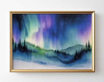 Aurora Borealis Art Print: Alaska Winter Landscape Painting