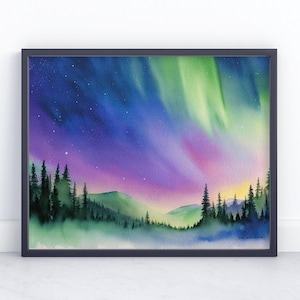 Alaska Winter Aurora Borealis Landscape Painting, Northern Lights Scene, Fine Art Print from Cool Aunt Designs, Artwork by Dawn Johnson