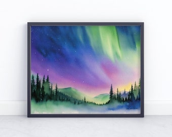 Impresión artística de la aurora boreal de Alaska: paisaje invernal de la aurora boreal