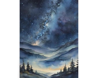 天の川の絵画 2枚セット 夜空の水彩画プリント 銀河の壁アート 森の