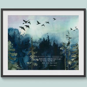 Cita de John Muir Y me adentro en el bosque, pintura de paisaje, impresión de bellas artes en acuarela de Cool Aunt Designs, obra de arte de Dawn Johnson
