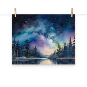 Alaska Night Sky Watercolor Print: Milky Way Landscape Art