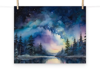 Alaska Night Sky Watercolor Print: Milky Way Landscape Art