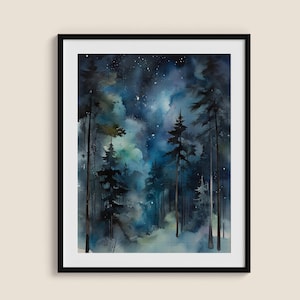 Forest Night Sky Watercolor Art Print: Landscape Painting