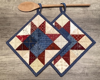 Scrappy Berry and Navy Quilted Potholders, Set of 2