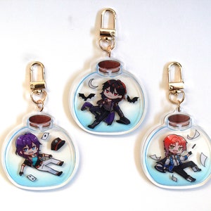 Enstars Ensemble Stars 2.5" bottle charms, acrylic translucent ; Leo, Rei, Mayoi