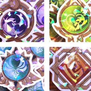 May include: Four holographic stickers with emblem designs are shown. Each sticker has a brown border and a central design in shades of purple, green, blue, and orange. The stickers have a shiny, iridescent effect, catching the light.