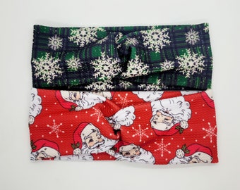 Adult Christmas Headband, Santa Claus Headband, Christmas Plaid, Vintage Christmas Headband, Snowflakes, Twist Headband, Knotted Headband