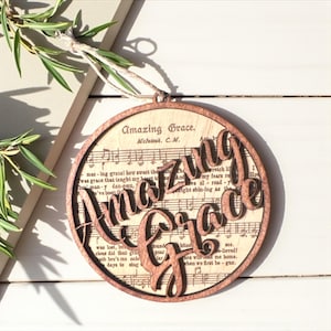 Amazing Grace Ornament – Christian Christmas Gift – Rustic Laser Engraved Wood Hymn Decor