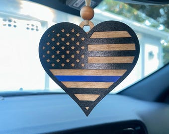 Thin Blue Line Heart Car Charm: Rustic Wooden Police Officer Gift