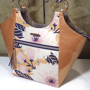 Luxe Tiger Lily Tote/Shoulder bag w cork handles, rose gold accents, faux leather, stain resistant canvas, zippered, & magnet slip pocket