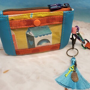 Mini ID wallet w/zip pocket, credit card snap pocket, + remove lanyard. Keychain w charm & tassel. READY to Ship! Retro: Jukebox Lunchroom!