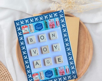 Bon Voyage Card - scrabble letters, traveller, going off travelling, seeing the world