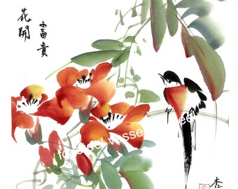 Digital download, Chinese Painting ,Blessings ,&quot;Flowers bloom for Prosperity&quot; ,Chinese Calligraphy,