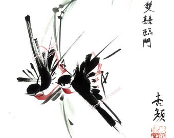 Digital Download, Chinese Ink Painting, 雙喜臨門 Double Happiness , Chinese calligraphy,blessing, Wall Hanging, Living Room,