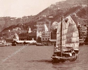 Hong Kong, Symbol Traditioneller chinesischer Junk, 1950 Angeln am HK Victoria Hafen, Fotodruck, Leuchtturm, Schiffstour, Junk, altes HK Foto