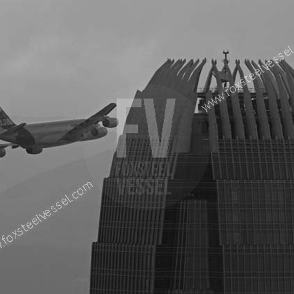 Airplane Art, Airbus A380, IFC Building,Hong Kong print, Kai Tak Wall art, Hong Kong Art, aeroplane Art, Vintage Photo, Black and White