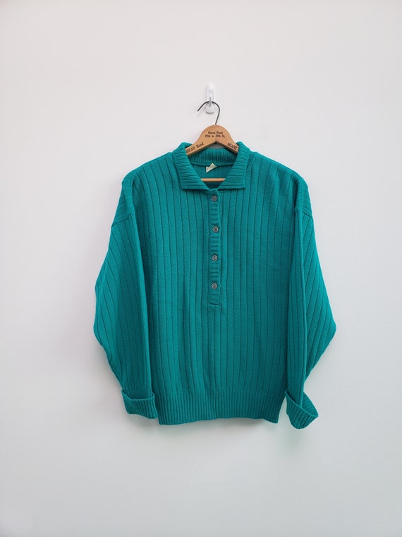 vintage wool teal ribbed pullover sweater polo col