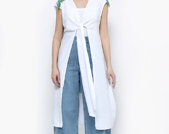 White Long Vest Women | Artistic Print Vest | Boho Kimono Vest | Sleeveless Long Top | Statement Outfit | Festival Wear