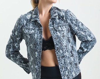 Leopard Pailletten Jeansjacke Damen | Glitzernde Animal Print Jacke | Night Out Jeansjacke | Statement Streetwear Jacke