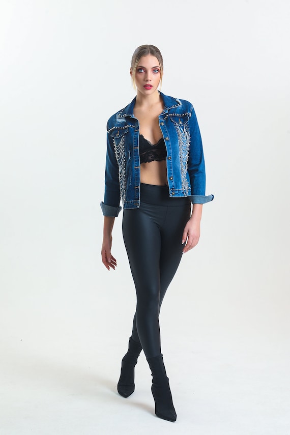 Chain Embellished Denim Jacket Women | Statement Jean Jacket