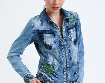 Floral Embroidered Denim Jacket Women | Handmade Flower Denim Jacket | Blue Denim Jacket | Statement Jacket | Boho Chic Jacket