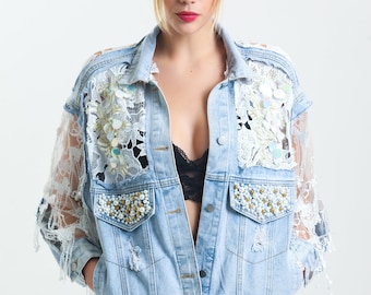 Denimjack met kanten mouwen dames | Jeansjack verfraaid met parels | Jack met transparante mouwen | Romantisch spijkerjack | Boho chic jack