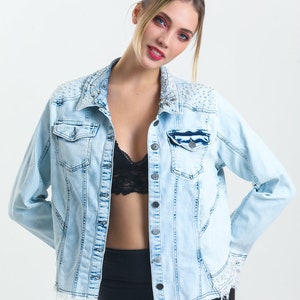 Handgefertigte Jacke, Spezielles Design, Perlendenim-Gewohnheit,Glasperlen-Outwear,Abendjacke,Consert-Denim-Mantel,Jeanjacke für Bräute,Bühnenmantel