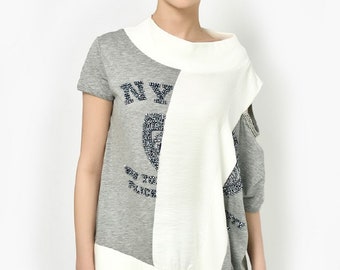 ワンショルダー グレーチュニック レディース | アシンメトリー コットントップ | ラインストーン ブラウス | コールドショルダー シャツ | オーバーサイズ デザイナー トップ