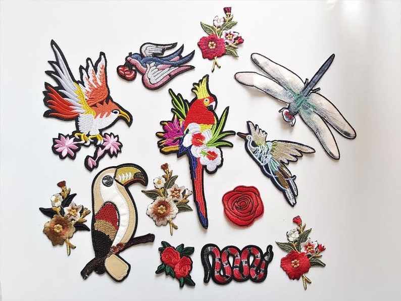13 pcs Mix Flowers And Birds Applique Animal Applique Parrot Patch Small Bird Applique Stork Applique Snake Patch Jacket Applique SALE