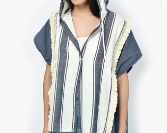 Hooded Striped Cotton Poncho Women | Boho Hooded Cover Up | Fringe Beach Poncho | Lightweight Summer Cape | Festival Hooded Wrap