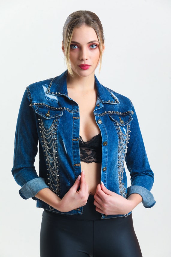 denim jacket × silver necklace 2 Chain Embellished Denim Jacket Women | Statement Jean Jacket