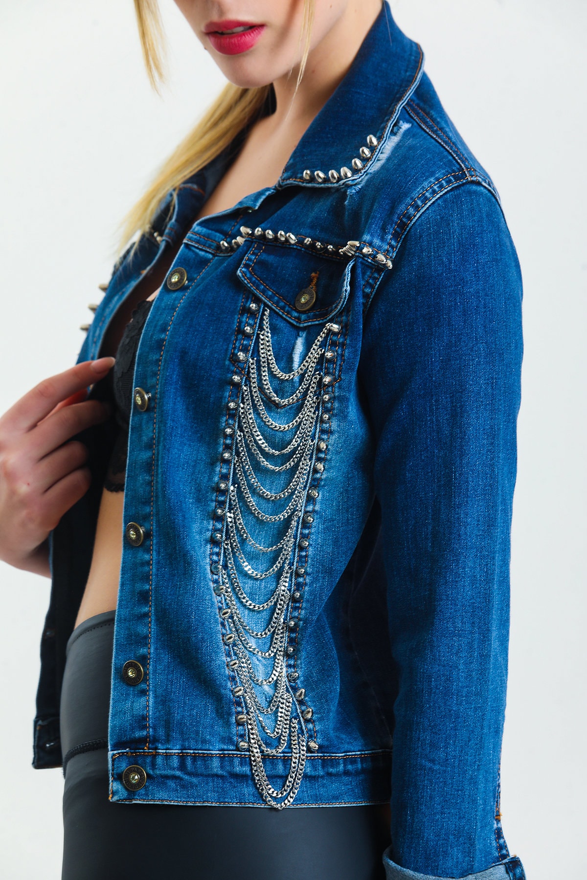 Chain Embellished Denim Jacket Women | Statement Jean Jacket
