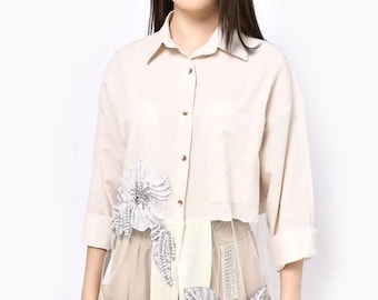 Beige Blouse For Woman,Elegant Blouse,Modern Woman Shirt,Minimalist Woman Tops, Ladies Oversize Shirt,Summer Cotton Shirt,Transparent Shirt