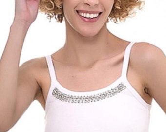 White Rhinestone Camisole | Cotton Tank Top | Spaghetti Strap Top | Women's Basic Cami | Crystal Neckline Top | Summer Tank Top