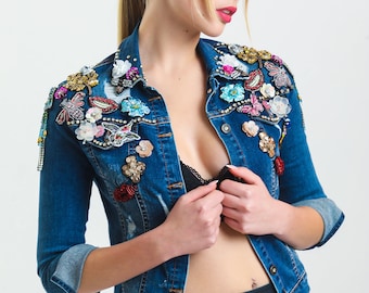 Jaqueta jeans feminina bordada à mão | Jaqueta jeans com aplicações florais | Jaqueta de luxo | Jaqueta boho glamourosa | Jaqueta jeans de grife