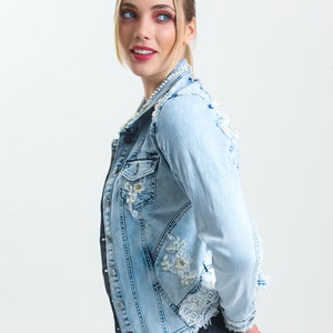 New Season Denim Jacket,Light Blue Denim Outwear,White Pearl Denim Coat,Luxory Denim Jacket,Special Jacket,Hippie Style Outwear,Stage Custom