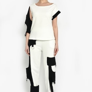 Black And White Woman Suit,Woman Cotton Clothing,Asymmetrical Tops And Pants Suit Set,Two Piece Set,Modern Suit Set,Festival Fashion