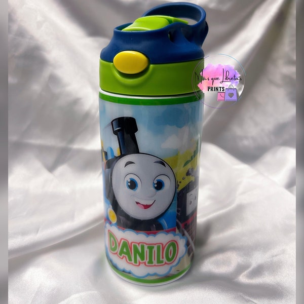 12 ounce bottle for boy, Bottles water Cartoons Thomas, Train, tumbler with lid, water bottle, personalized bottle.