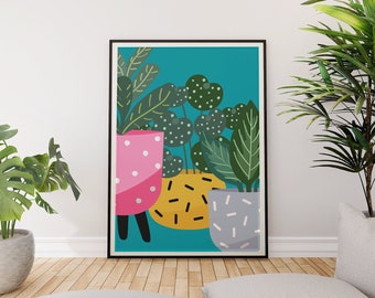 House Plant Pop Art Print | Botanical | Teal | Pink | Mustard | Wall Art | Living Room/Bedroom/Kitchen Wall Art | A5/A4/A3/A2/A1/A0