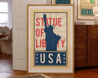 USA | New York | Liberty | Vintage Travel Poster | Travel Stamp Print Collection | Living Room/Bedroom/Kitchen Wall Art | A5/A4/A3/A2/A1/A0