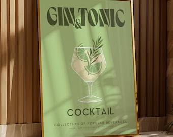 Gin and Tonic Green Cocktail Print | Alcohol | Garden/Kitchen Bar | Man cave | Kitchen Disco | Vintage | Retro | Party | A5/A4/A3/A2/A1/A0