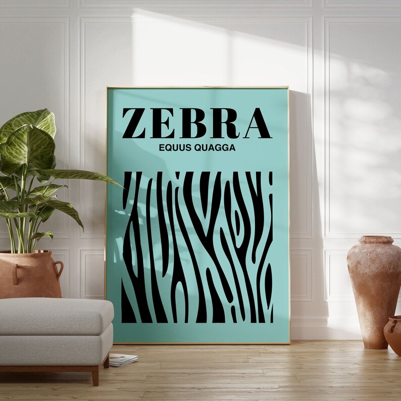 May include: A framed poster with a light blue background and a black zebra stripe pattern. The text "ZEBRA" and "EQUUS QUAGGA" is printed in black at the top of the poster.