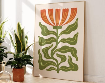 Matisse Inspired Botanical Poster | Green Leaves Orange Petals on Beige Background | Modern Floral Wall Art Print | Minimalist Home Decor