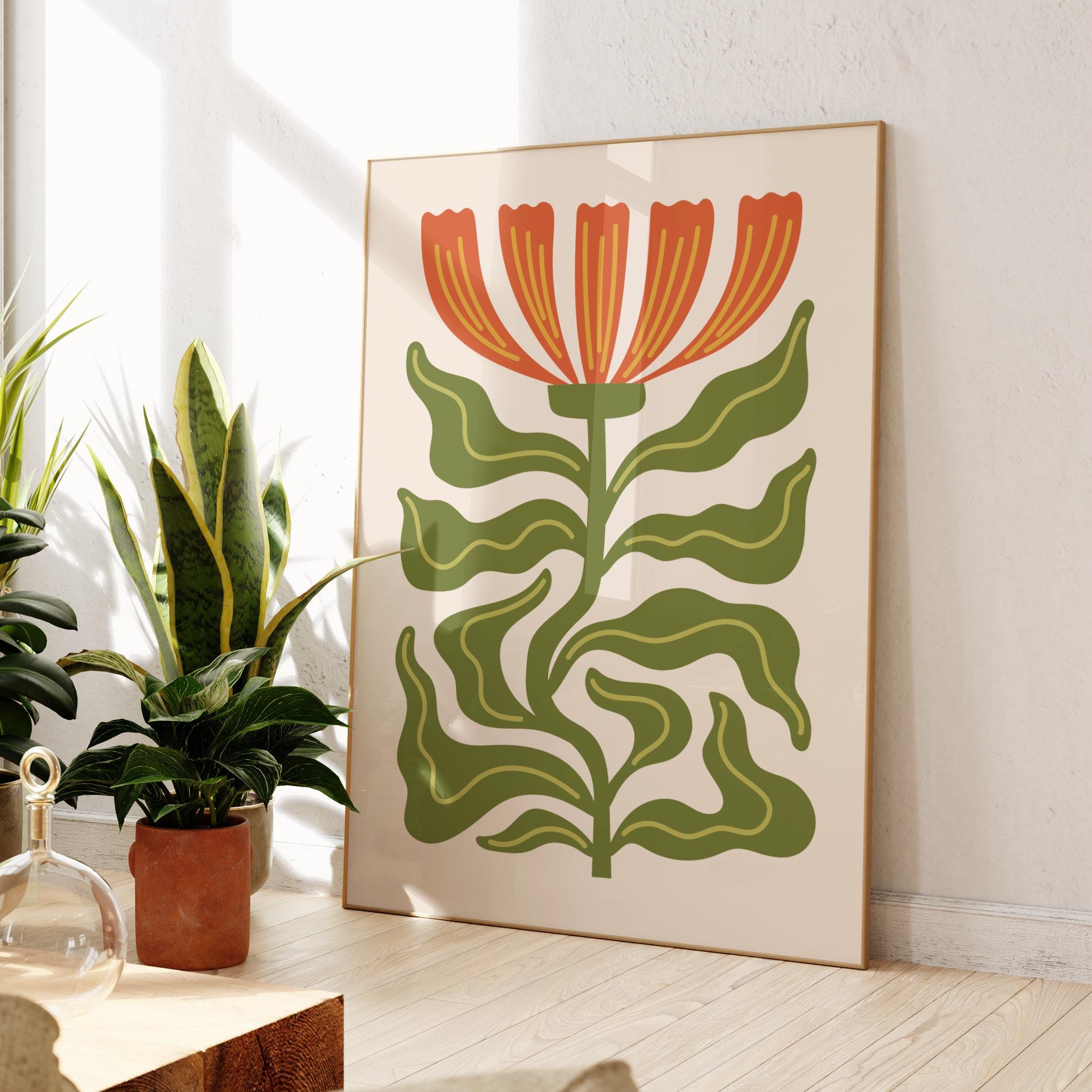 Matisse Inspired Botanical Poster | Green Leaves Orange Petals on