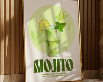Mojito Green Cocktail Print | Alcohol | Garden/Kitchen Bar | Man cave | Kitchen Disco | Vintage | Retro | Fun | Party | A5/A4/A3/A2/A1/A0